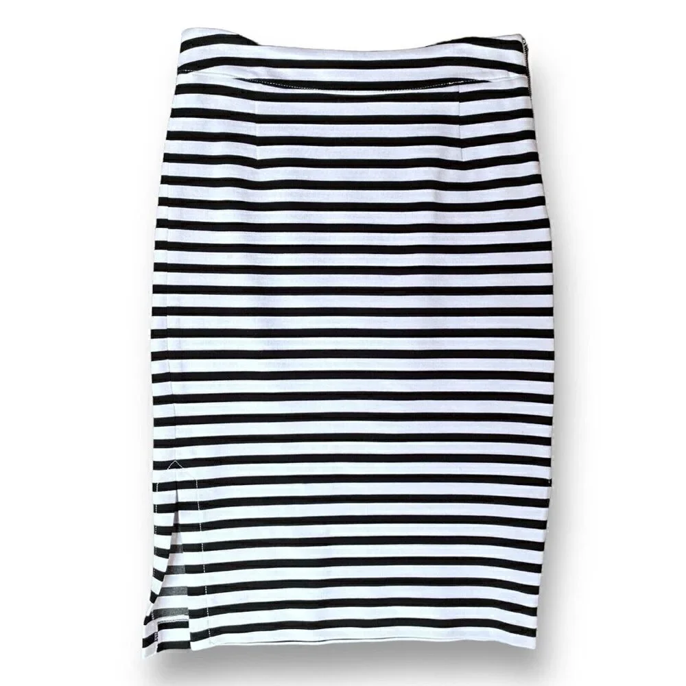 Banana Republic Womens Ponte Pencil Skirt Sz 0 Black White Stripe Stretch Preppy
